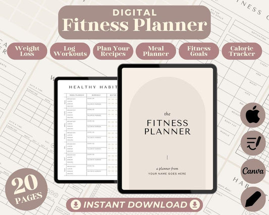 Digital Fitness Planner | Goodnotes, Ipad, Notability, Canva | Daily/Weekly/Monthly Planner | Meal Plan Health Workout & Weight Loss Tracker