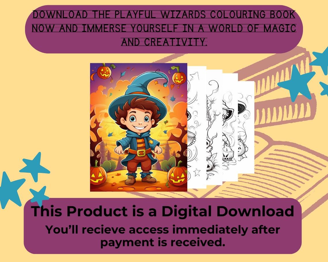 Playful Wizard Colouring Book | 19 Sorcerer Themed Graphic Pages | Kids & Adults Art Books | Printable Drawing Colour Sheets For All Ages |