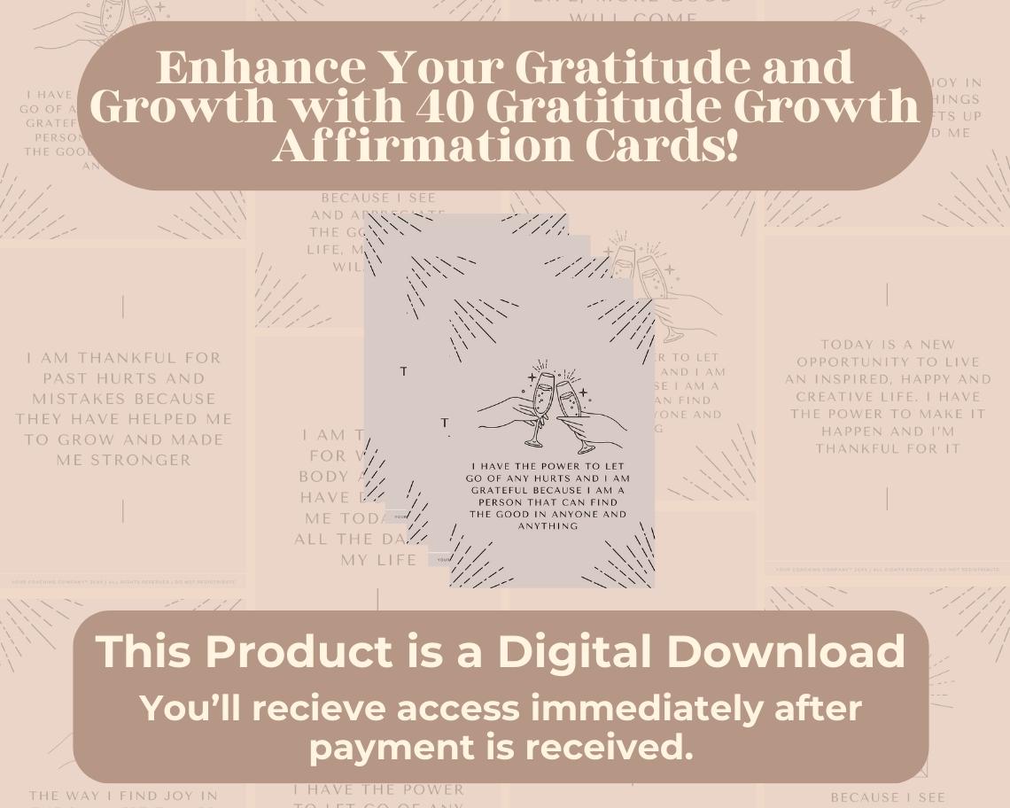 40 Gratitude Growth Affirmation Cards | Positive Affirmations For Gratitude | Editable Canva Graphic Cards | Minimal & Illustrated Aesthetic