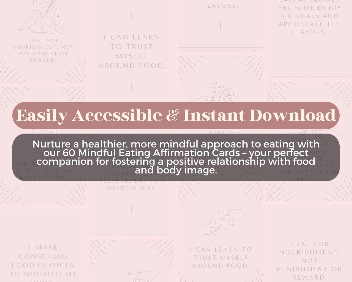 60 Mindful Eating Affirmation Cards | Positive Affirmations For Health | Editable Canva Graphic Cards | Minimal & Illustrated Aesthetic