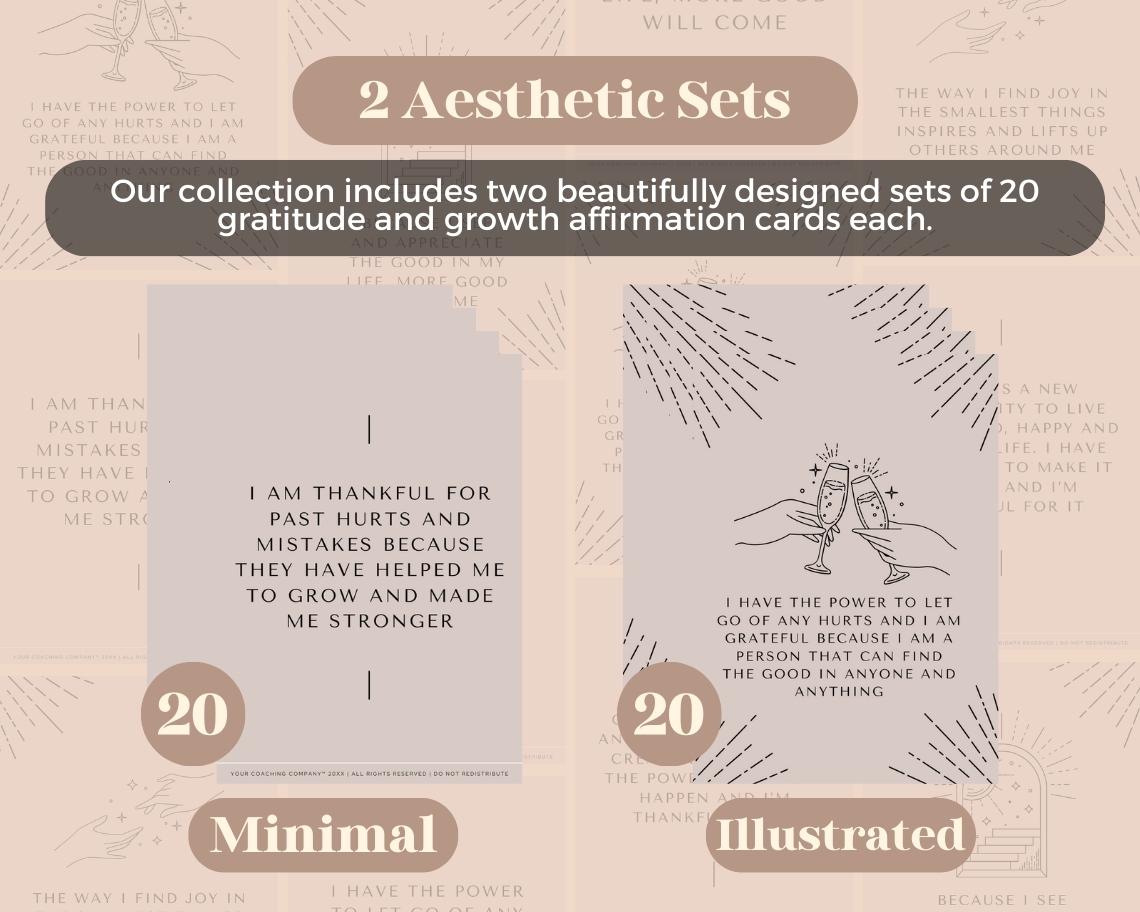 40 Gratitude Growth Affirmation Cards | Positive Affirmations For Gratitude | Editable Canva Graphic Cards | Minimal & Illustrated Aesthetic