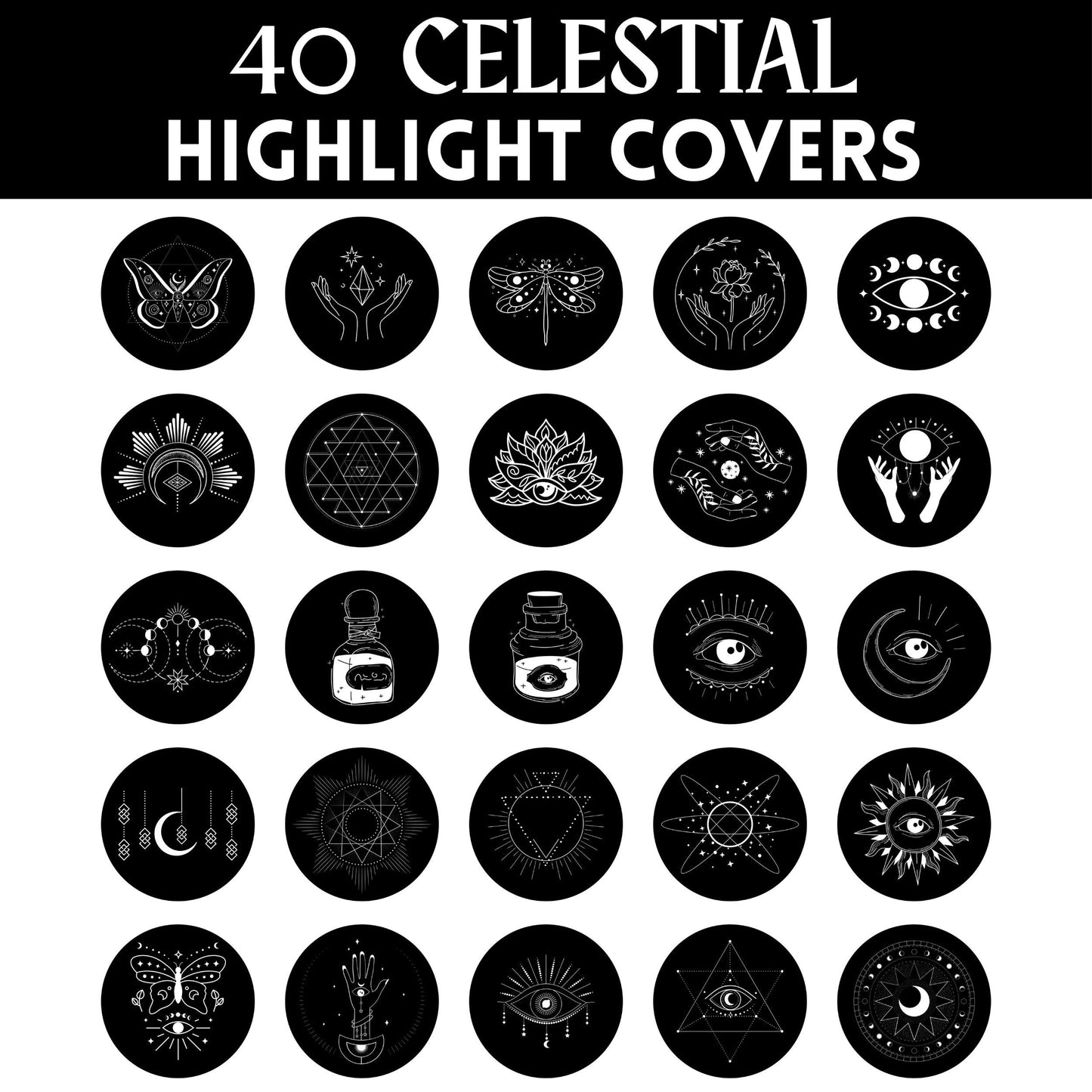 40 Instagram Highlight Covers | Black and White IG Story Icons | Celestial Aesthetic Highlight Buttons | IG Story Icons | Social Media Kit