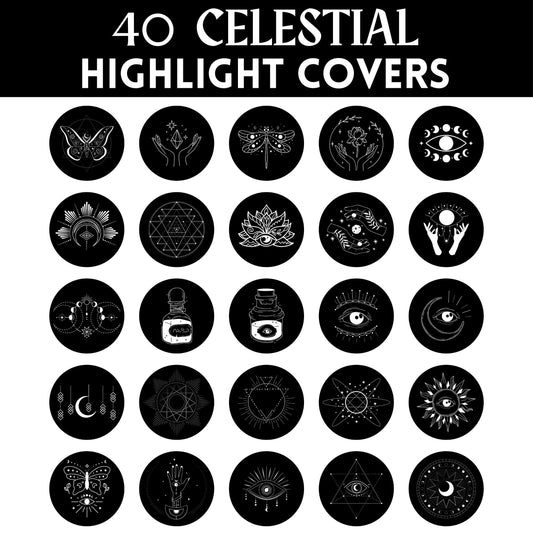 40 Instagram Highlight Covers | Black and White IG Story Icons | Celestial Aesthetic Highlight Buttons | IG Story Icons | Social Media Kit