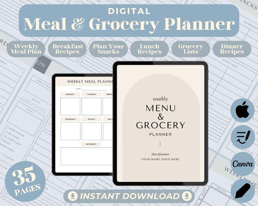 Weekly Meal Grocery Planner | Goodnotes, Ipad, Notability, Canva | Daily/Weekly/Monthly Planner | Meal Plan Health Diet Weight Loss Tracker