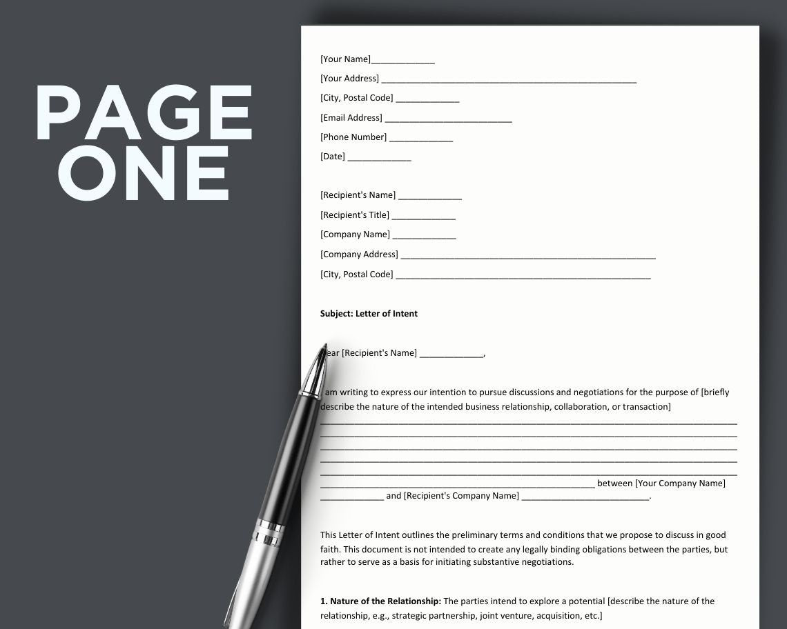 Letter Of Intent | Legal Document Lawyer Certified Binding Contract | Save Money on Legal Fees Instant Printable Download Easily Editable