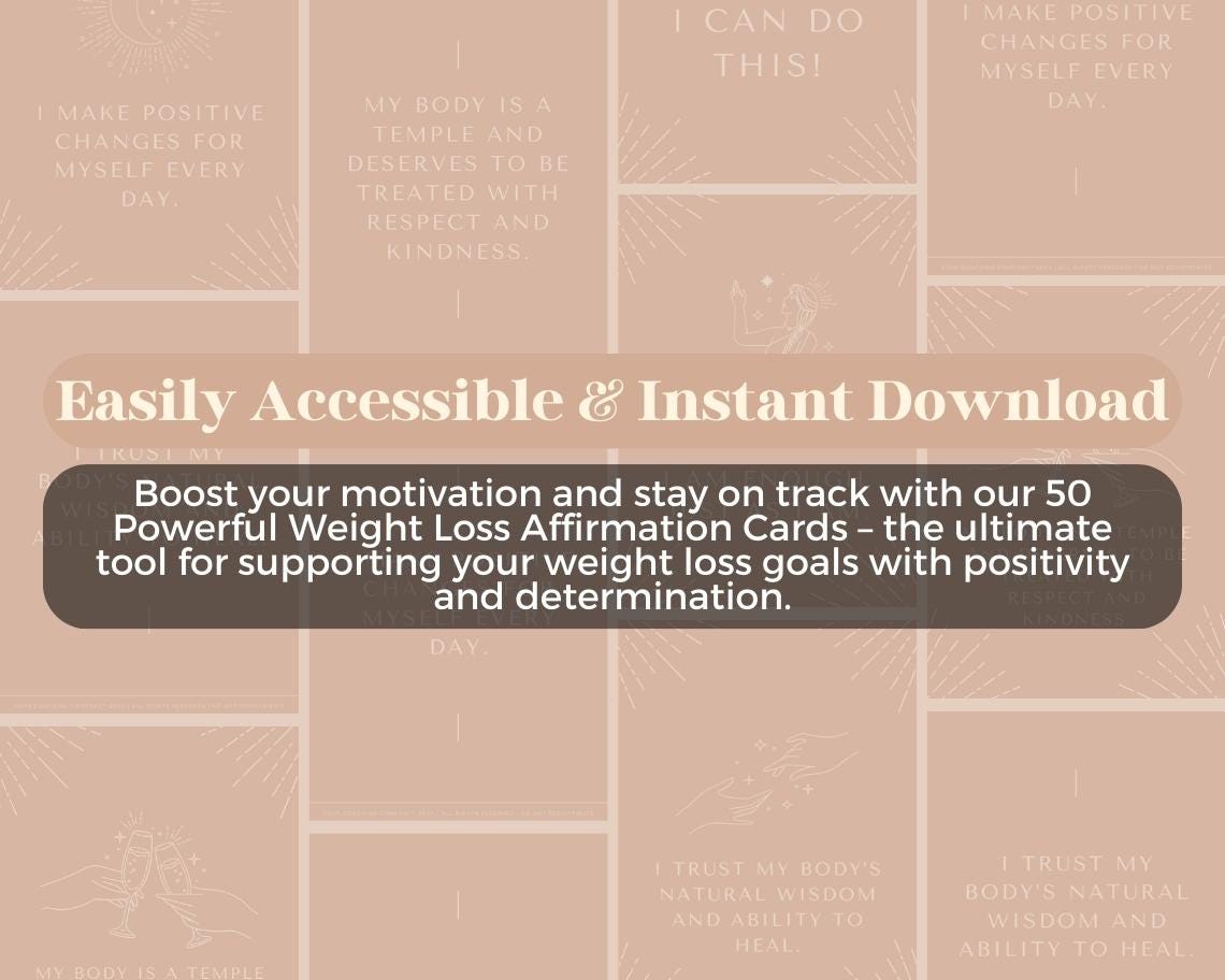 50 Weight Loss Affirmation Cards | Positive Affirmations For Weightloss | Editable Canva Graphic Cards | Minimal & Illustrated Aesthetic