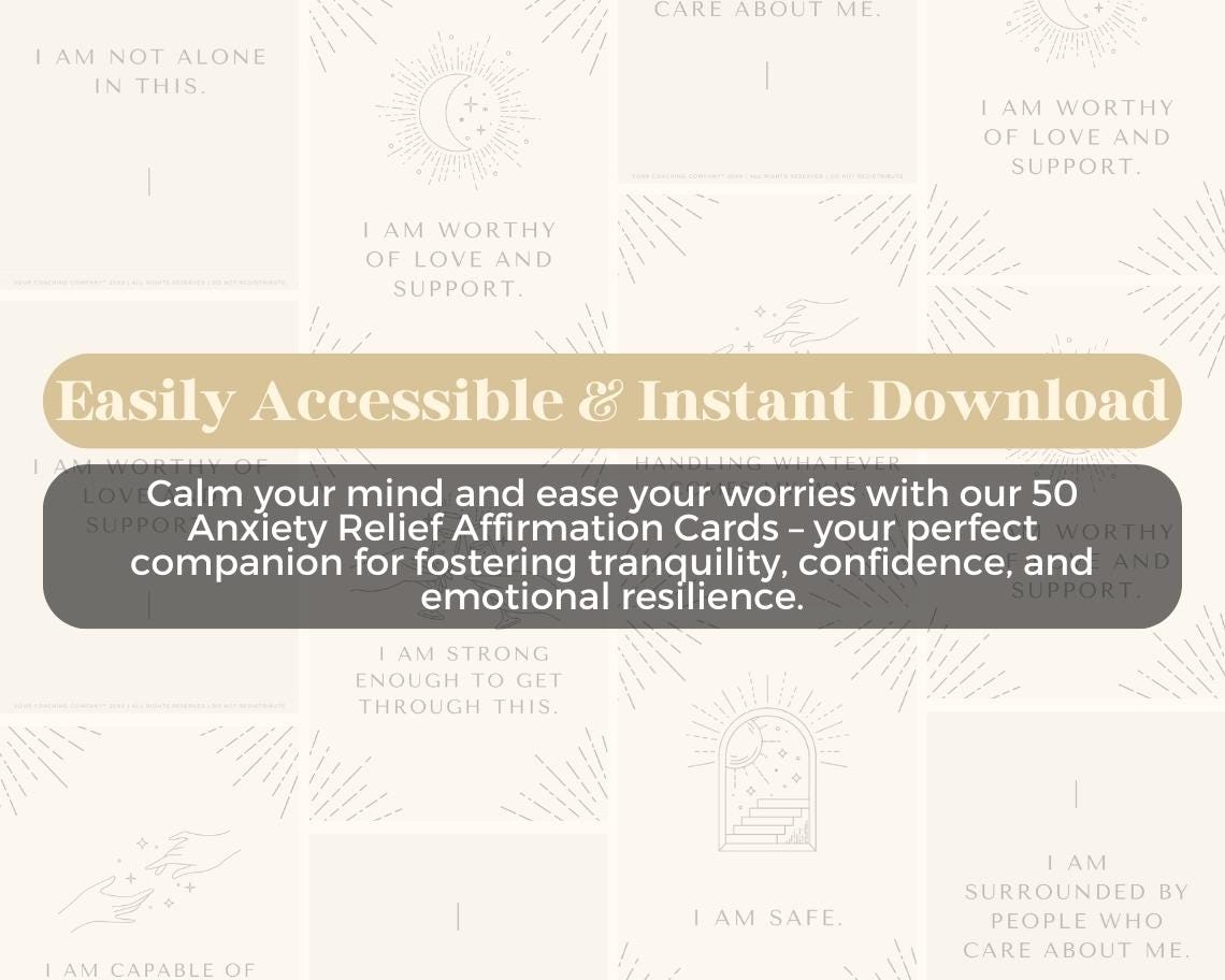 50 Anxiety Relief Affirmation Cards | Positive Affirmations For Worrying | Editable Canva Graphic Cards | Minimal & Illustrated Aesthetic