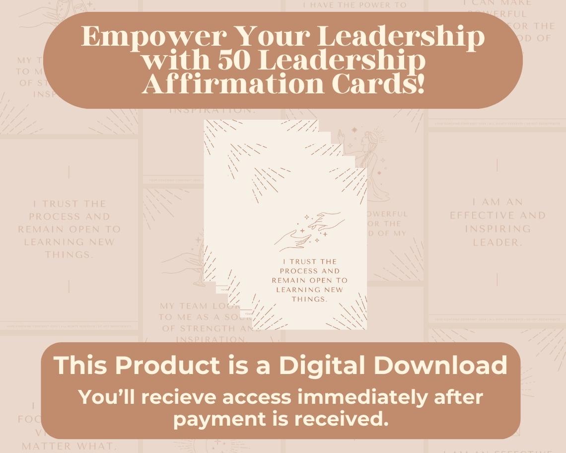 50 Leadership Affirmation Cards | Positive Affirmations For Leaders | Editable Canva Graphic Cards | Minimal & Illustrated Aesthetic