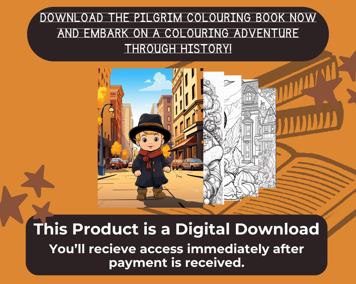 Pilgrim Colouring Book | 11 Thanksgiving Themed Graphic Pages | Kids & Adults Art Books | Printable Drawing Colour Sheets For All Ages |