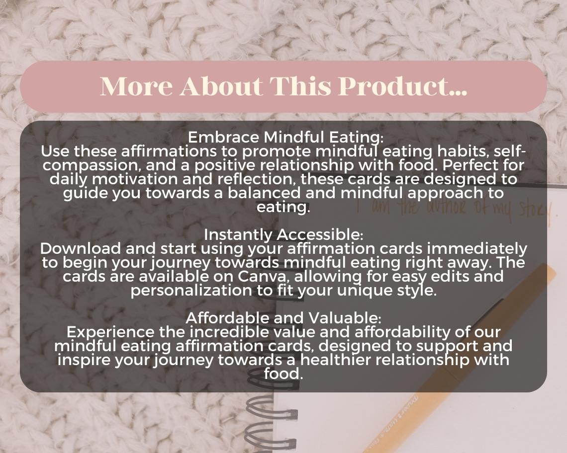 60 Mindful Eating Affirmation Cards | Positive Affirmations For Health | Editable Canva Graphic Cards | Minimal & Illustrated Aesthetic