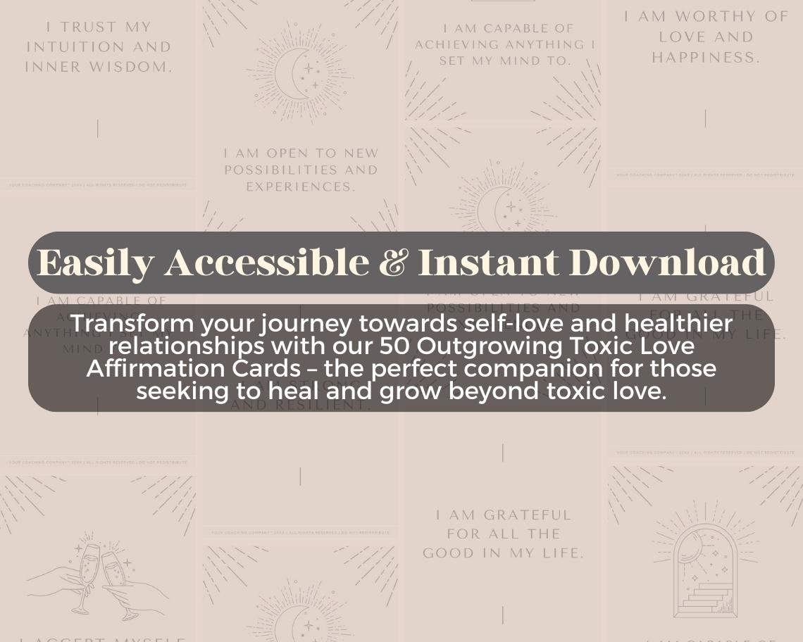 50 Outgrowing Toxic Love Affirmation Cards | Positive Affirmations For Love | Editable Canva Graphic Cards | Minimal & Illustrated Aesthetic