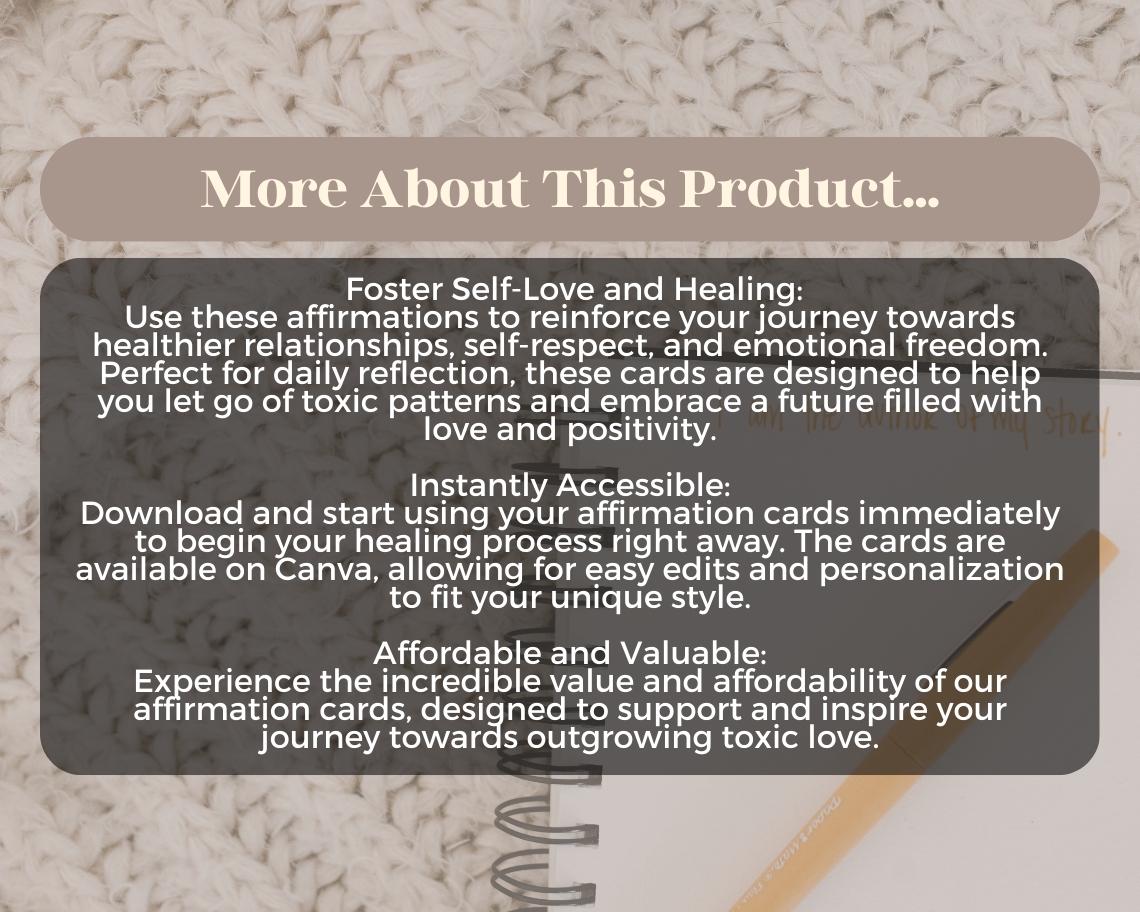50 Outgrowing Toxic Love Affirmation Cards | Positive Affirmations For Love | Editable Canva Graphic Cards | Minimal & Illustrated Aesthetic