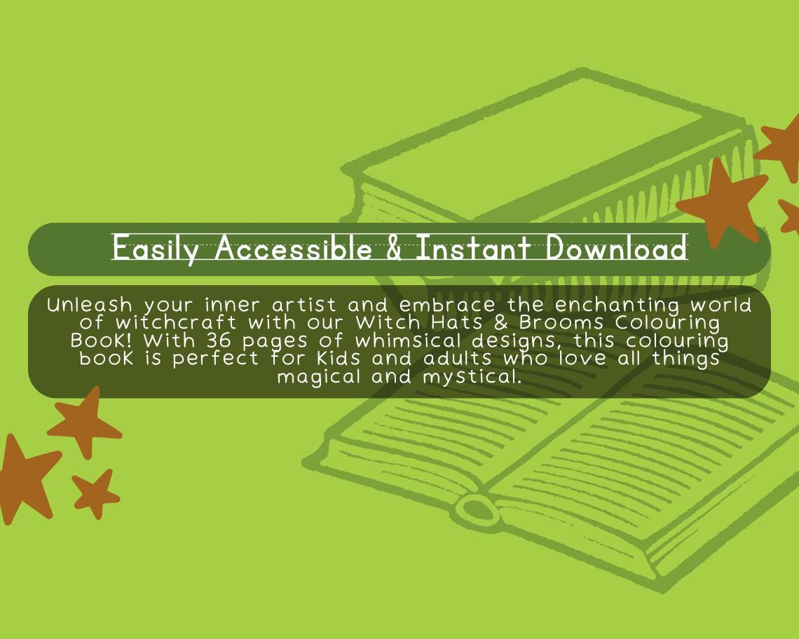 Witch Hat and Broom Colouring Book | 36 Witchy Themed Graphic Pages | 2 Kids & Adults Art Books | Printable Drawing Colour Sheets All Ages |
