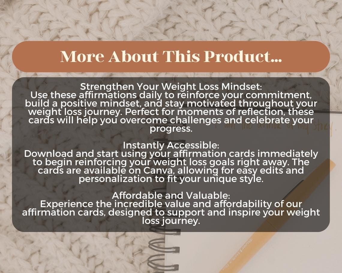 50 Weight Loss Affirmation Cards | Positive Affirmations For Weightloss | Editable Canva Graphic Cards | Minimal & Illustrated Aesthetic