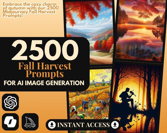 2500 Midjourney Fall Harvest Prompts | AI Graphic Design Prompt Bundle | Automated Intelligence Prompts For Autumn Image Creation |