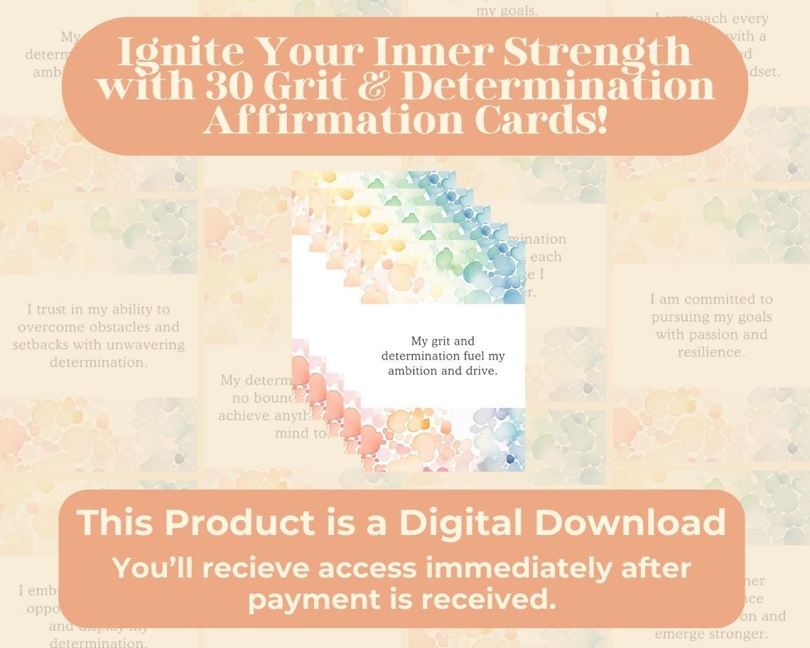 30 Grit & Determination Affirmation Cards | Positive Affirmations For Strength | Editable Canva Graphic Cards | Illustrated Design Aesthetic