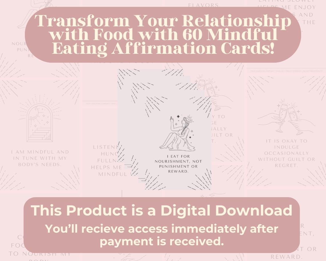 60 Mindful Eating Affirmation Cards | Positive Affirmations For Health | Editable Canva Graphic Cards | Minimal & Illustrated Aesthetic