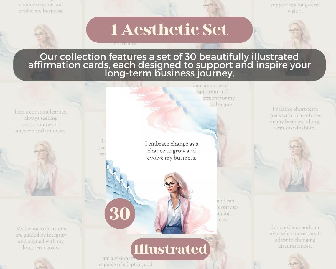 30 Long Term Business Affirmation Cards | Positive Affirmations For Business | Editable Canva Graphic Cards | Illustrated Design Aesthetic