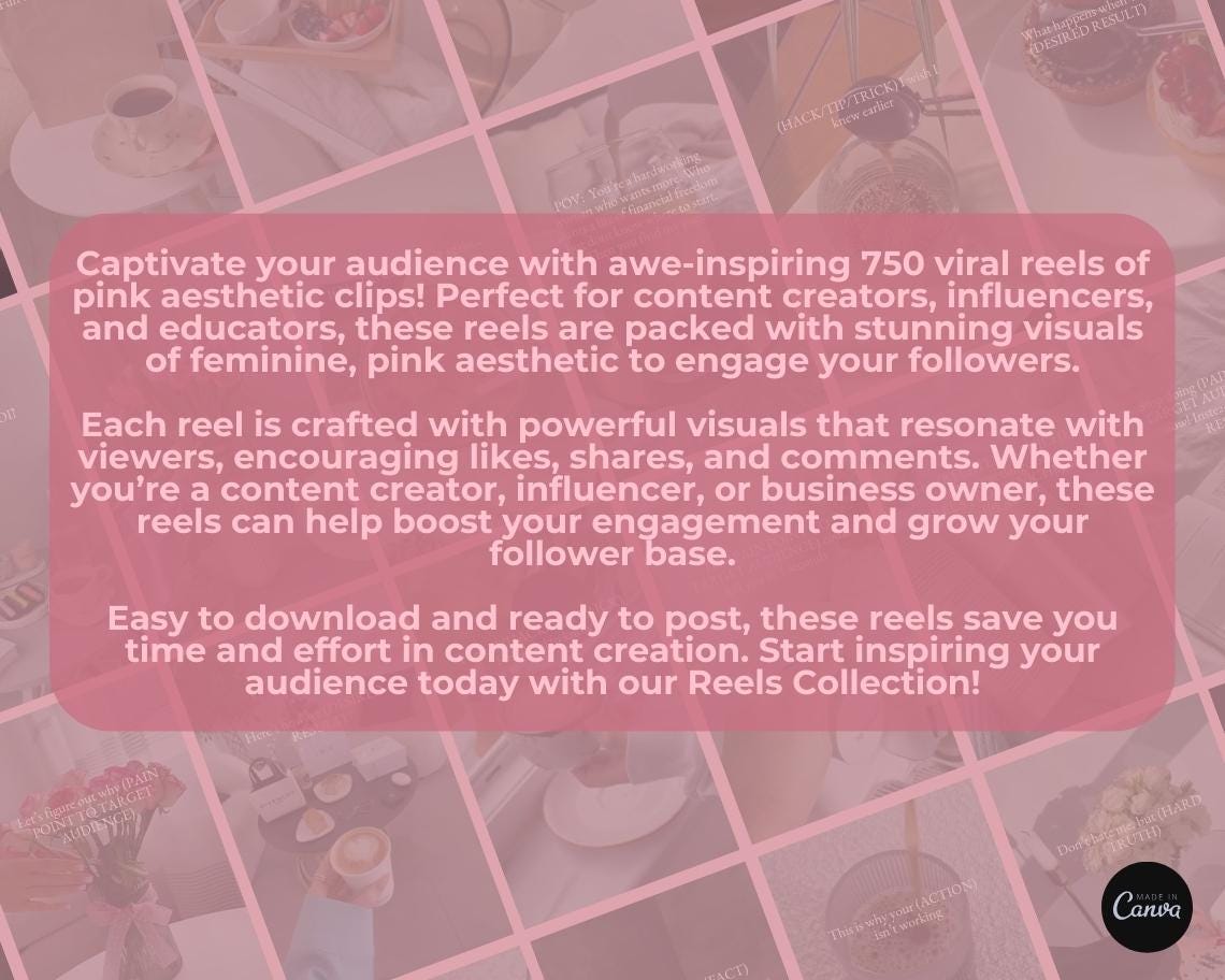 750 Pink Aesthetic Insta Reels BUNDLE | DFY Done For You Posts  | TikTok Instagram Reels Facebook Youtube Shorts | Captioned Easy Edit