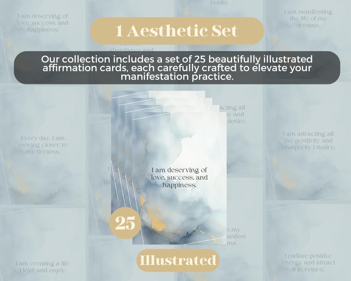 25 Manifestation Affirmation Cards | Positive Affirmations For Manifesting | Editable Canva Graphic Cards | Illustrated Design Aesthetic