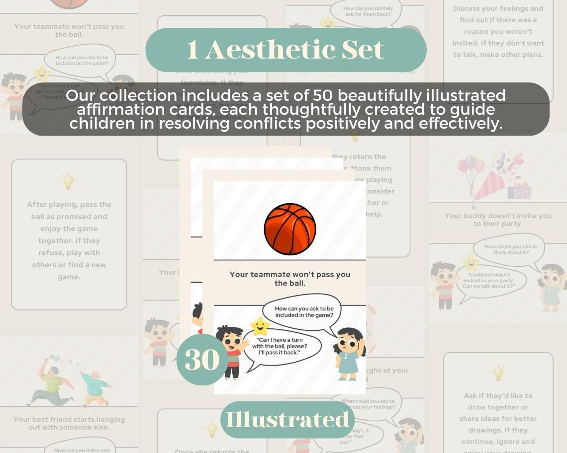 50 Kids Conflict Resolution Affirmation Cards | Positive Affirmations For Kids | Editable Canva Graphic Cards | Illustrated Design Aesthetic