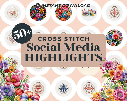 51 Instagram Cross Stitch Highlight Covers | Story Graphics For Insta | IG Highlights Story Icons | Social Media Buttons Aesthetic