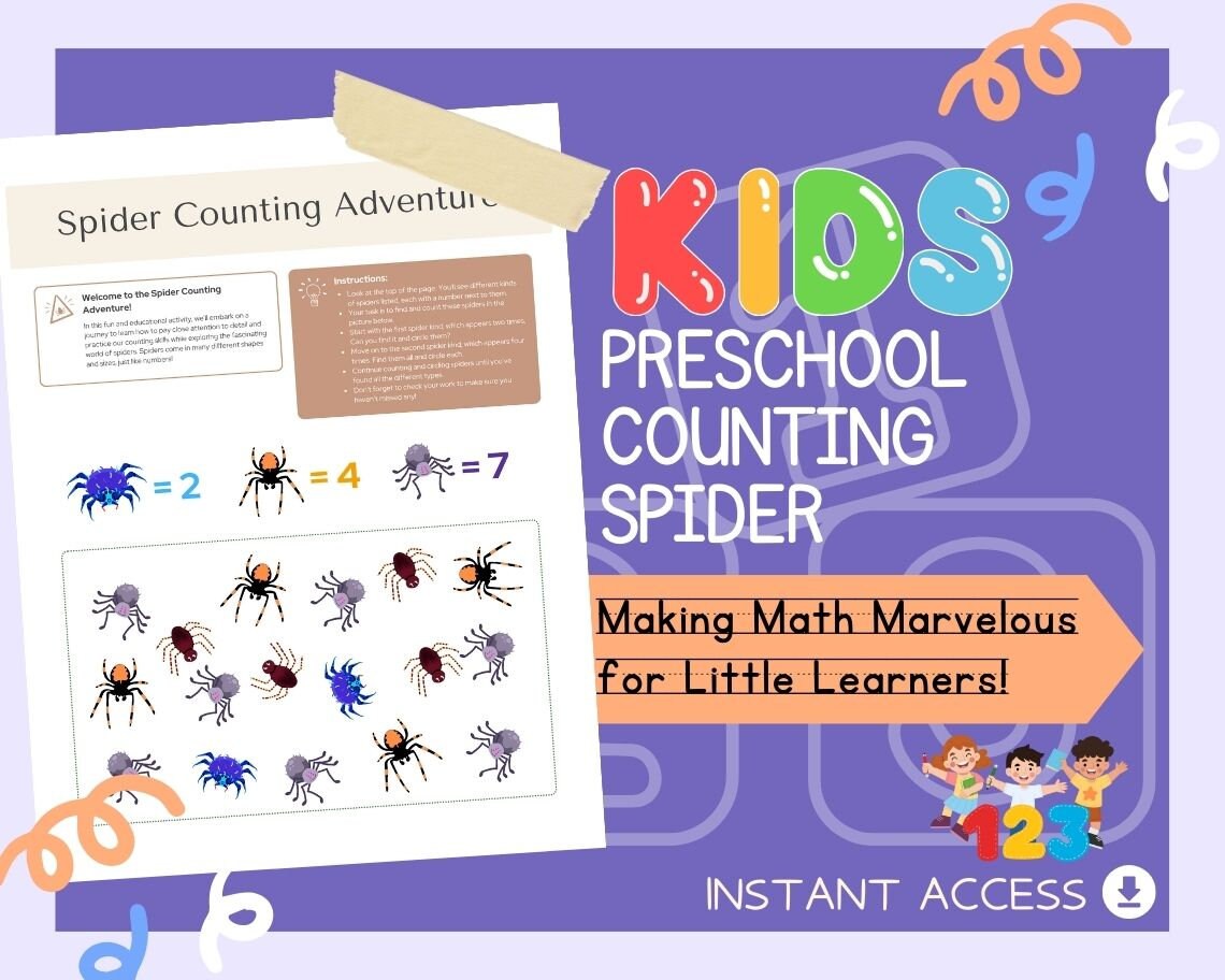 Kids Preschool Counting Spider | Children's Learning Sheet | Teach Kids & Toddlers Pages | Kids Educational Templates For Learning Maths