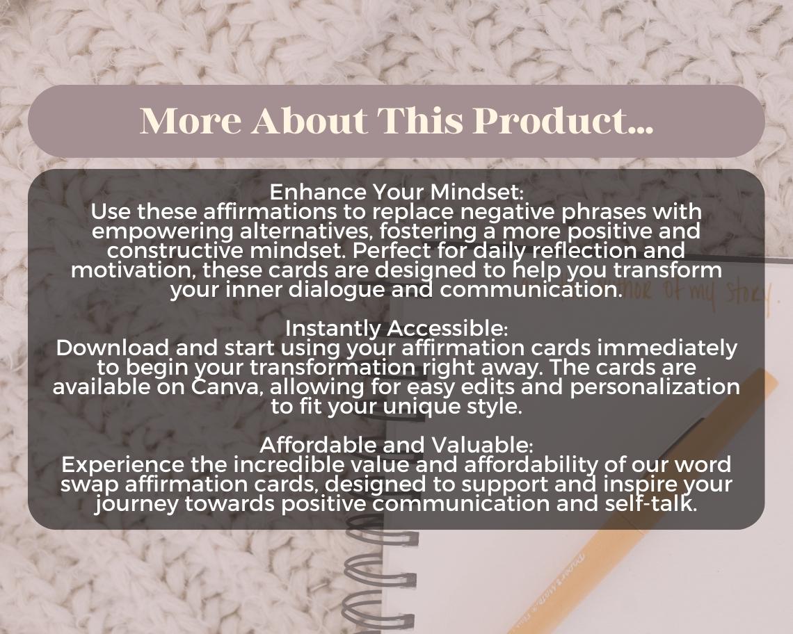 32 Word Swap Affirmation Cards | Positive Affirmations For Empowering Phrases  | Editable Canva Graphic Cards | Illustrated Mantra Aesthetic