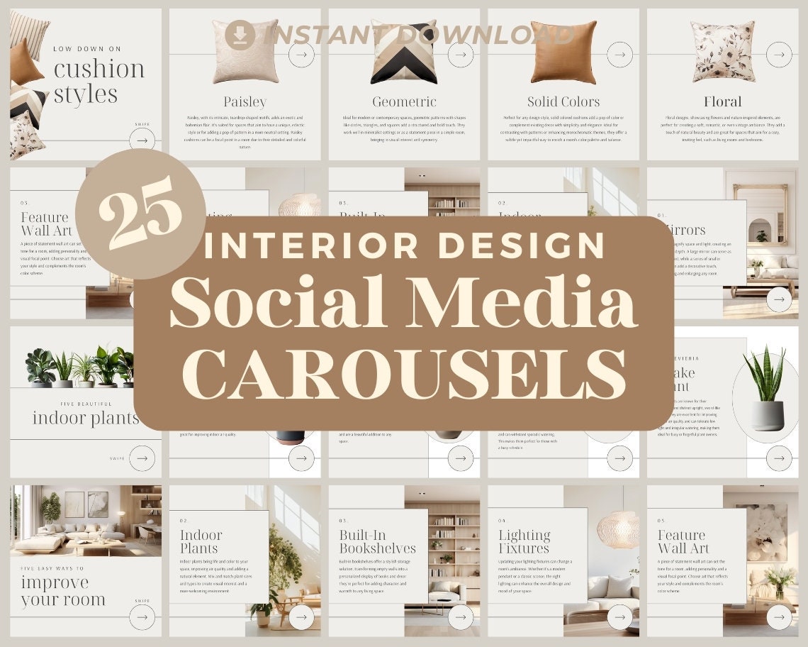 Interior Design Instagram Carousels | 25 Social Media Graphics |  Architect Insta Templates | Instagram Carousel Designs For Viral IG