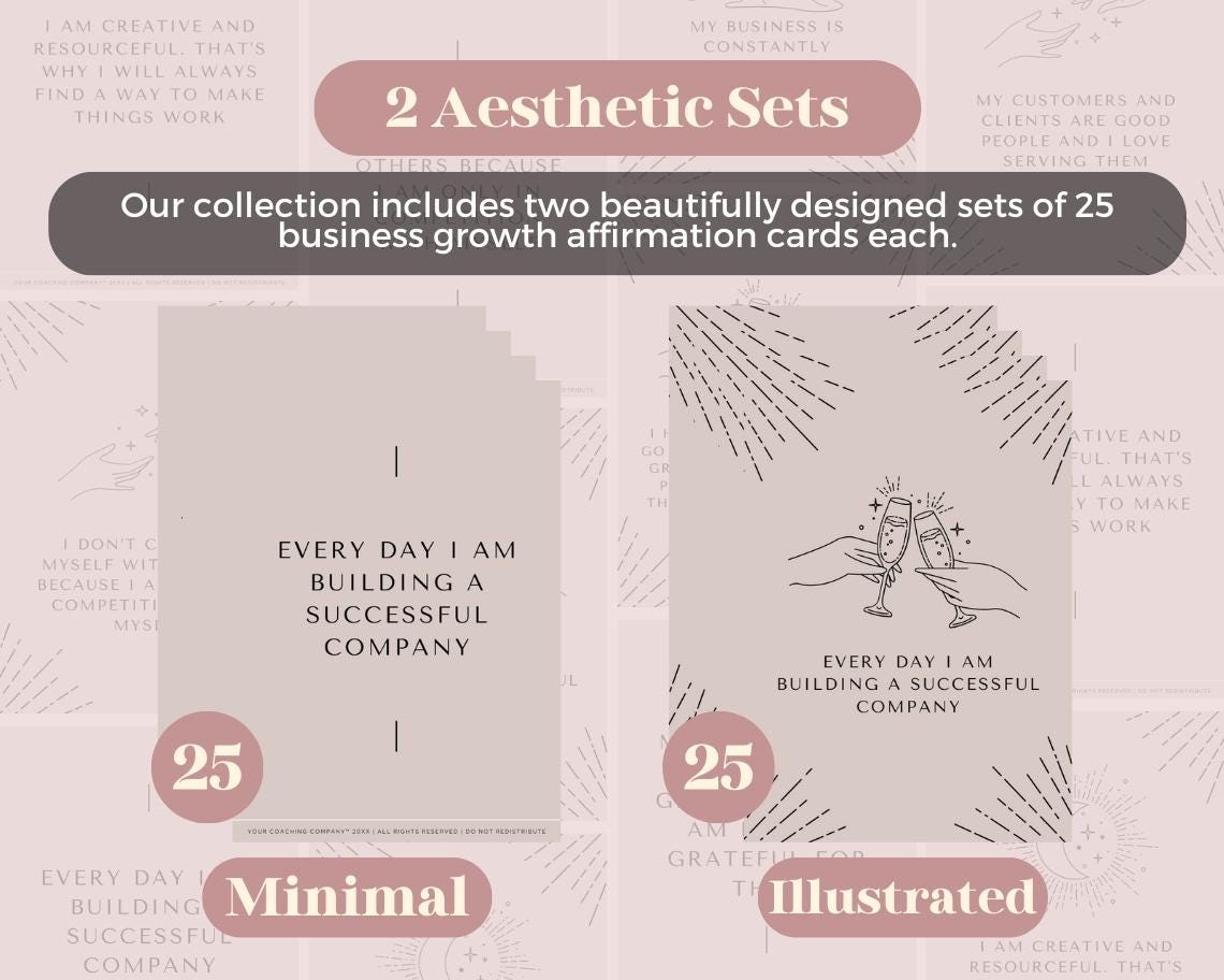 50 Grow Your Business Affirmation Cards | Positive Affirmations For Success | Editable Canva Graphic Cards | Minimal & Illustrated Aesthetic