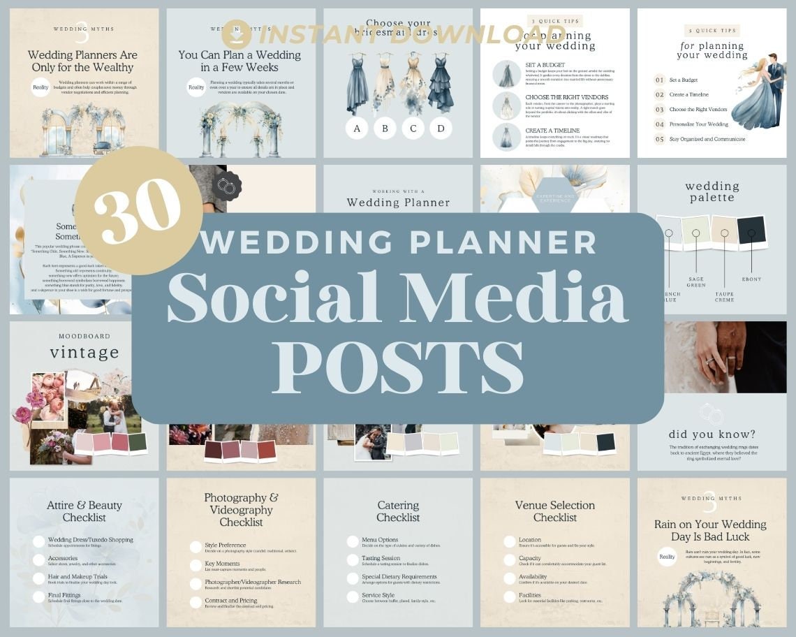 Wedding Planner Instagram Posts | 30 Social Media Graphics | Bridal Insta Post Templates | Instagram Story and Post Designs For Viral IG