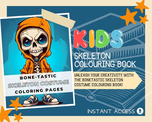 Skeleton Colouring Book | 16 Bone-Tastic Skelly Costume Graphic Pages | Kids & Adults Art Books | Printable Drawing Colour Sheets All Ages |