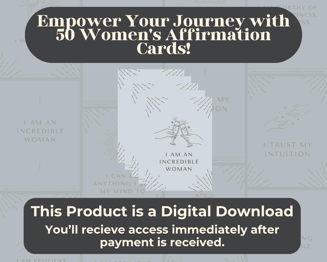 50 Womens Affirmation Cards | Positive Affirmations For Womanhood | Editable Canva Graphic Cards | Minimal & Illustrated Aesthetic