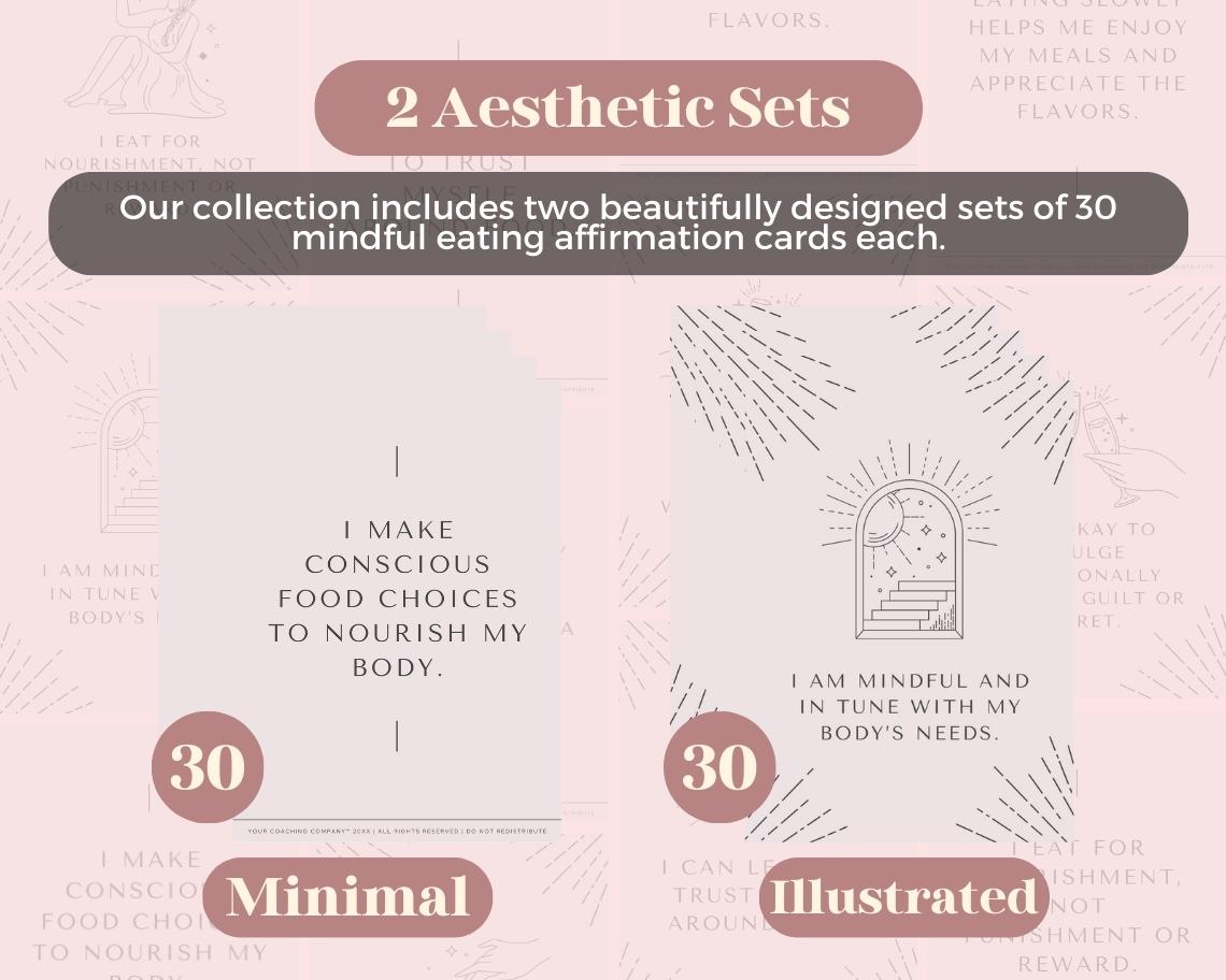 60 Mindful Eating Affirmation Cards | Positive Affirmations For Health | Editable Canva Graphic Cards | Minimal & Illustrated Aesthetic
