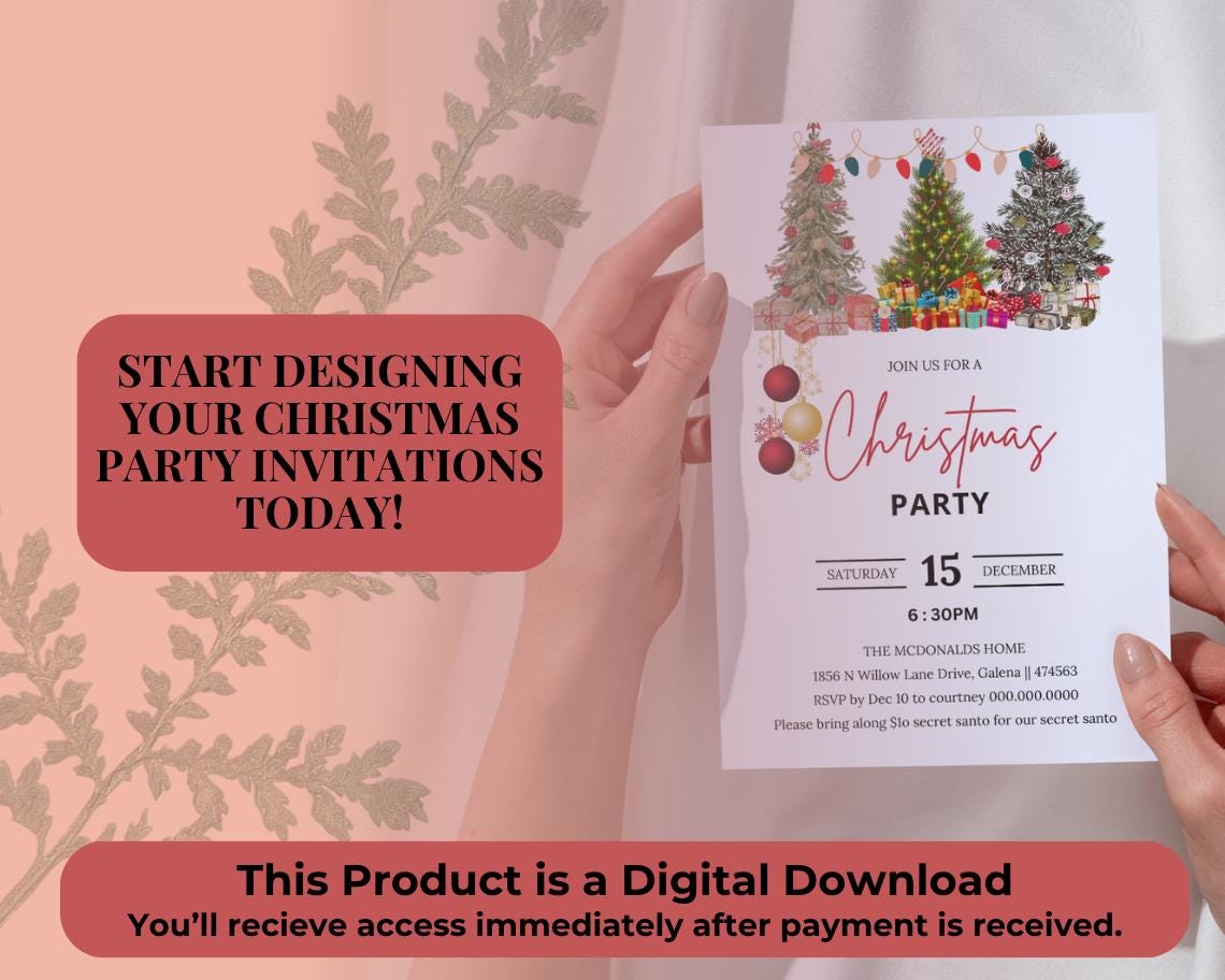 Christmas Party Invitation Template | Editable Canva Design | Instant Download | Customizable Printable Invite