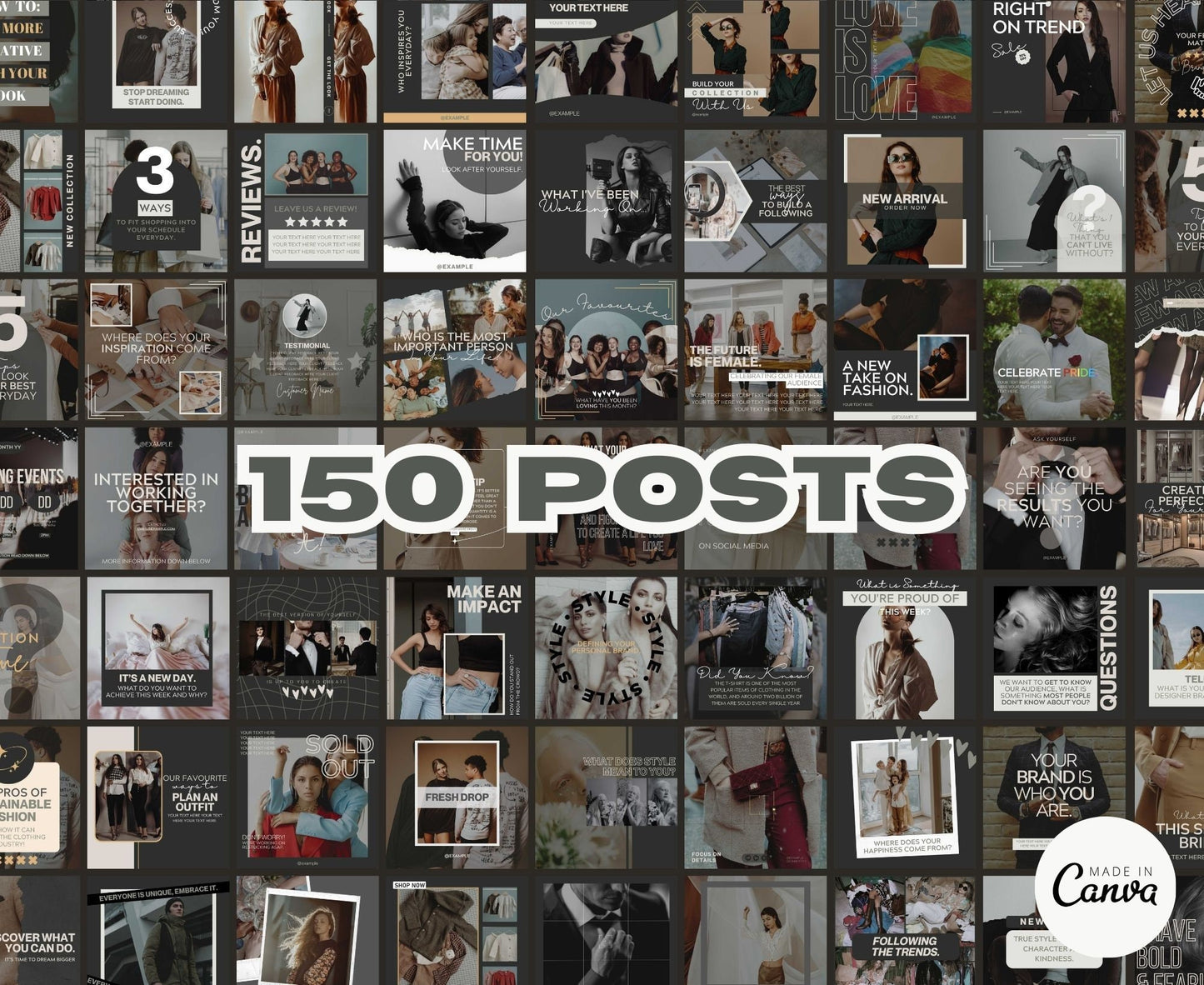 Fashion Instagram Template Posts Editable on Canva | 325 Social Media Graphics | Black Glamour Templates | Instagram Story and Post Designs