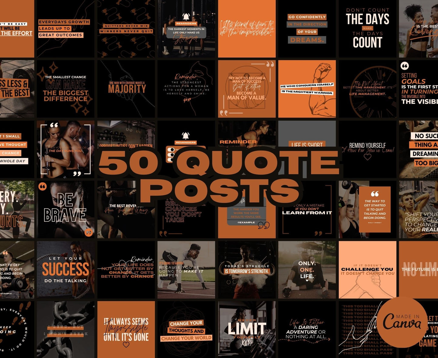 Fitness Instagram Template Posts Editable on Canva | 325 Social Media Graphics | Black Gym Templates | Instagram Story and Post Designs