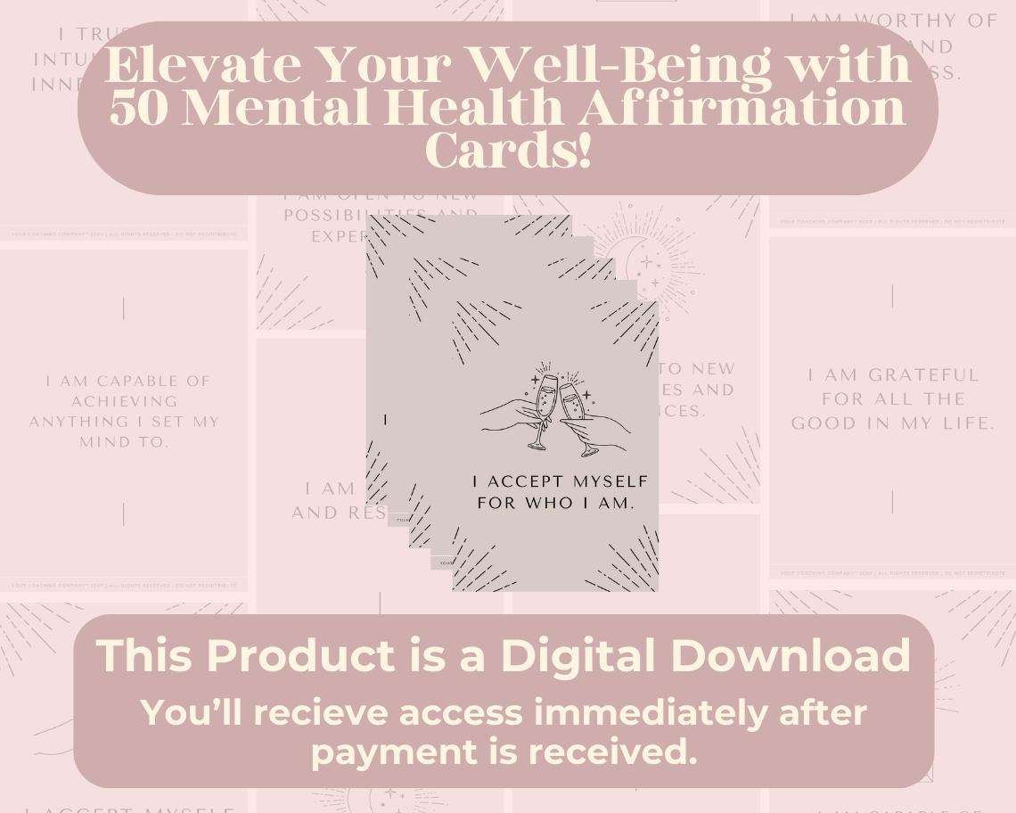 50 Mental Health Affirmation Cards | Positive Affirmations For Positivity | Editable Canva Graphic Cards | Minimal & Illustrated Aesthetic