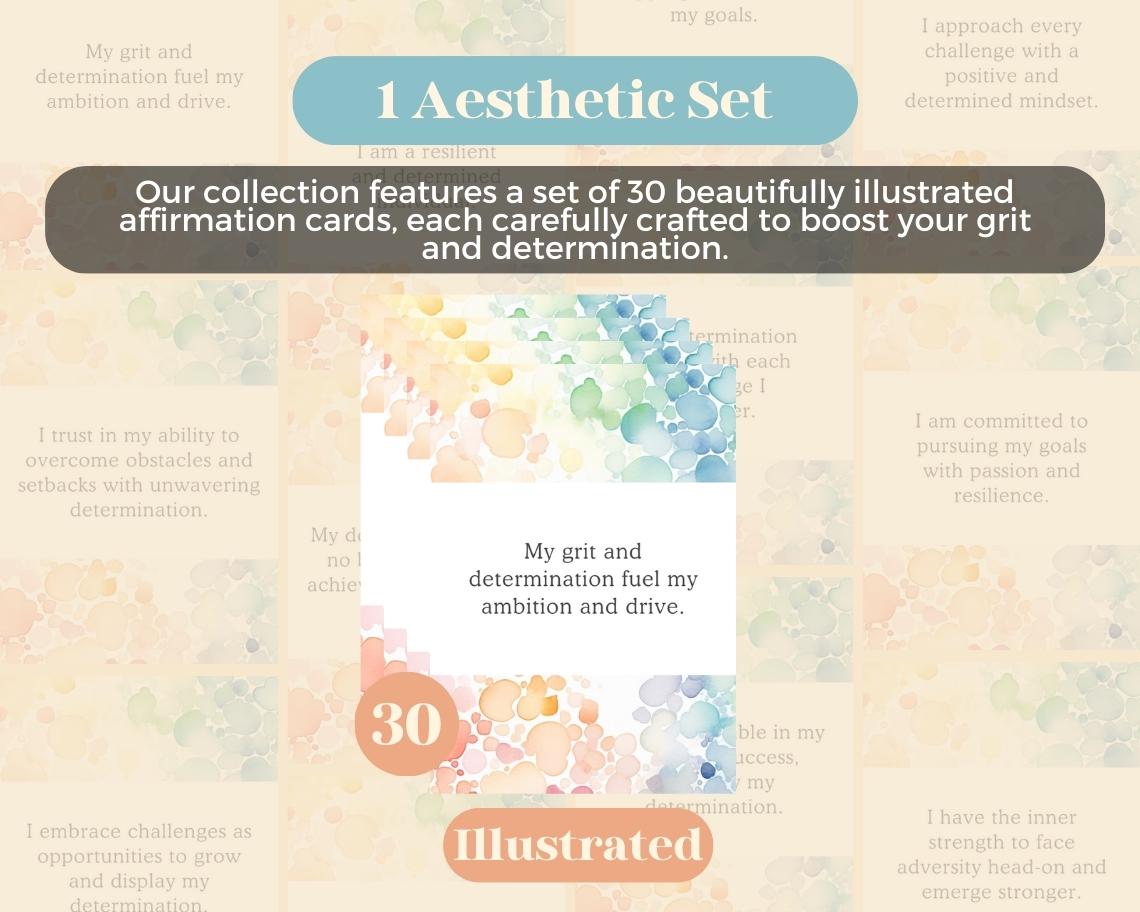 30 Grit & Determination Affirmation Cards | Positive Affirmations For Strength | Editable Canva Graphic Cards | Illustrated Design Aesthetic