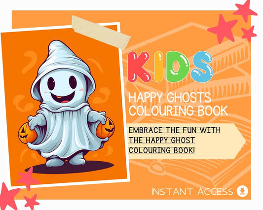 Happy Ghosts Colouring Book | 19 Friendly Ghost Themed Graphic Pages | Kids & Adults Art Books | Printable Drawing Colour Sheets All Ages |