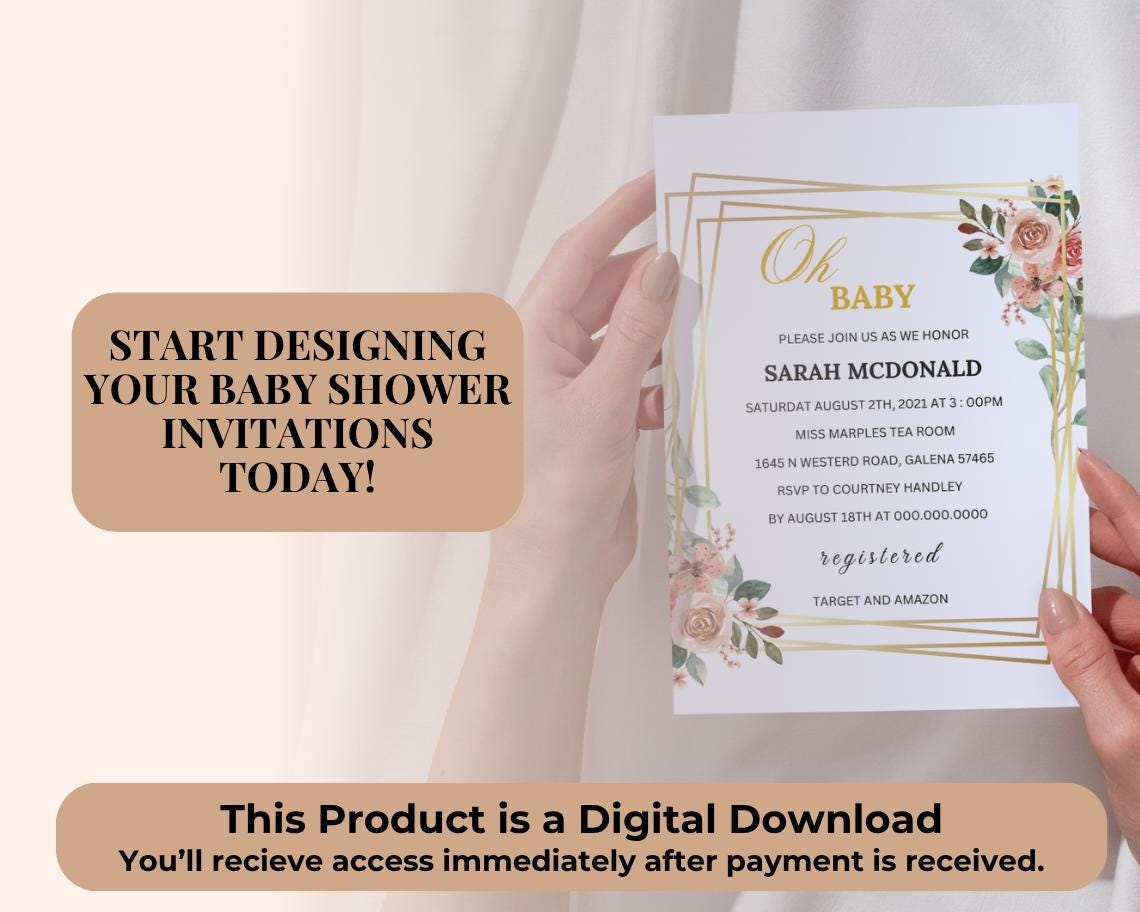 Baby Shower Invitation Template | Editable Canva Design | Instant Download | Customizable Printable Invite