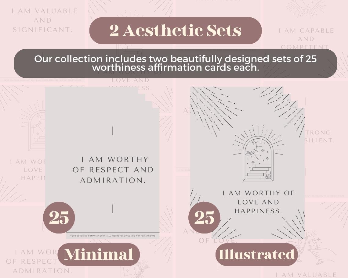 50 Worthiness Wounds Affirmation Cards | Positive Affirmations Cards | Editable Canva Graphic Cards | Minimal & Illustrated Aesthetic