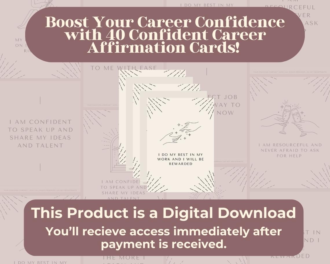 40 Career Affirmation Cards | Positive Affirmations For Job Confidence | Editable Canva Graphic Cards | Minimal & Illustrated Aesthetic