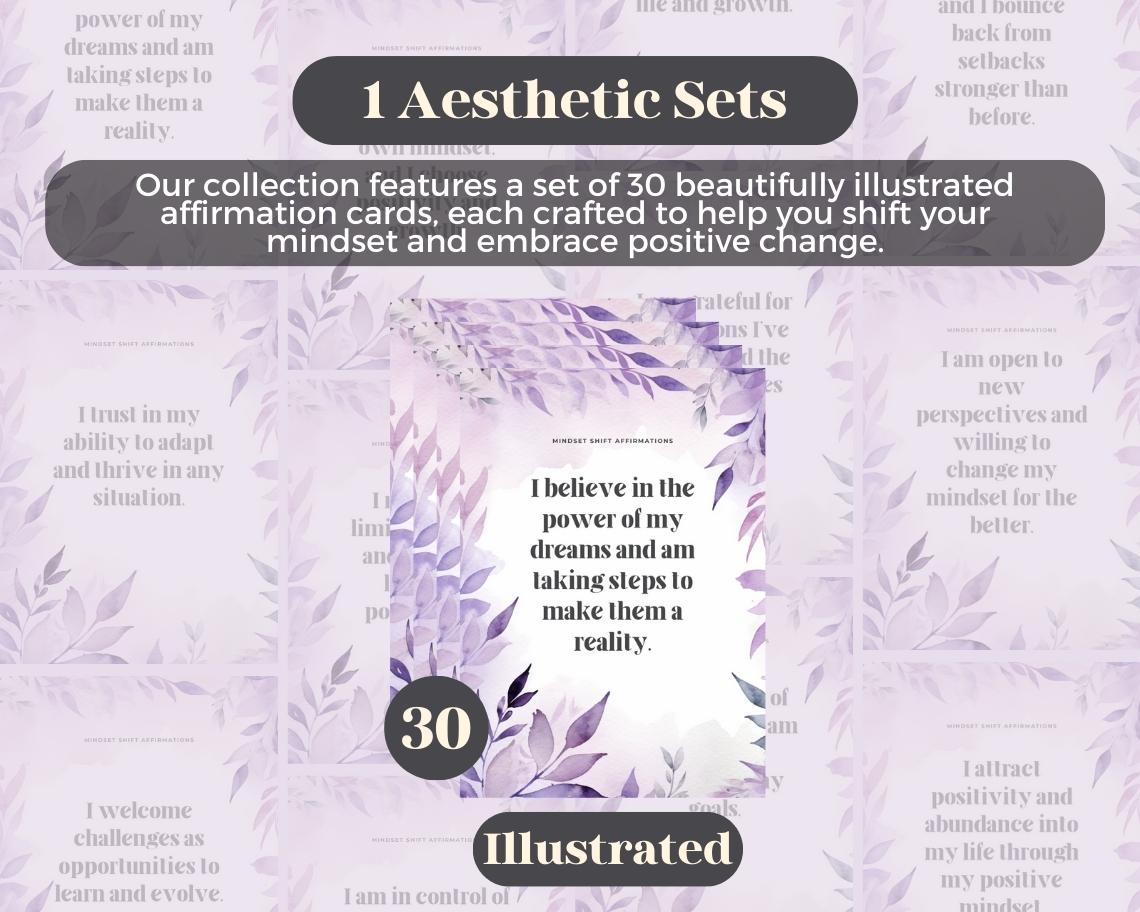 30 Mindset Shift Affirmation Cards | Positive Affirmations For Mindset Change | Editable Canva Graphic Cards | Illustrated Design Aesthetic