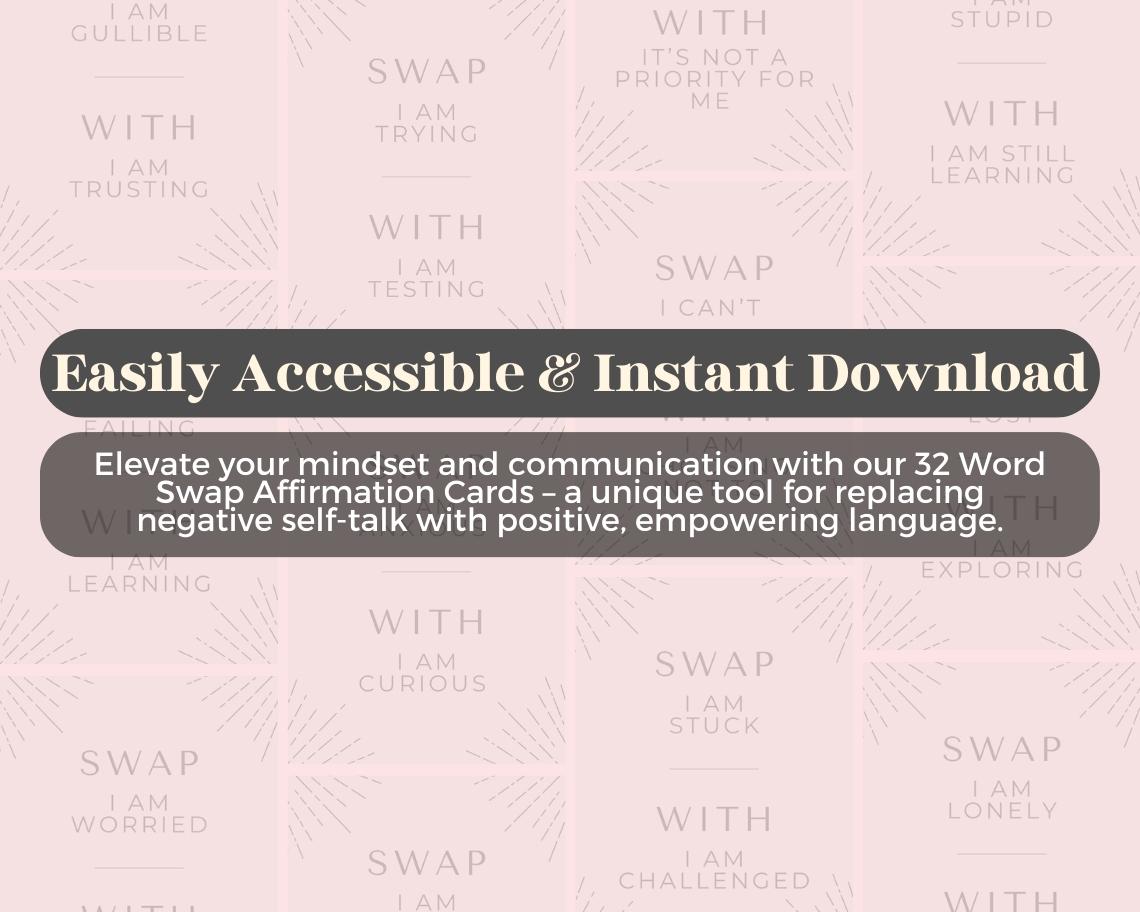 32 Word Swap Affirmation Cards | Positive Affirmations For Empowering Phrases  | Editable Canva Graphic Cards | Illustrated Mantra Aesthetic