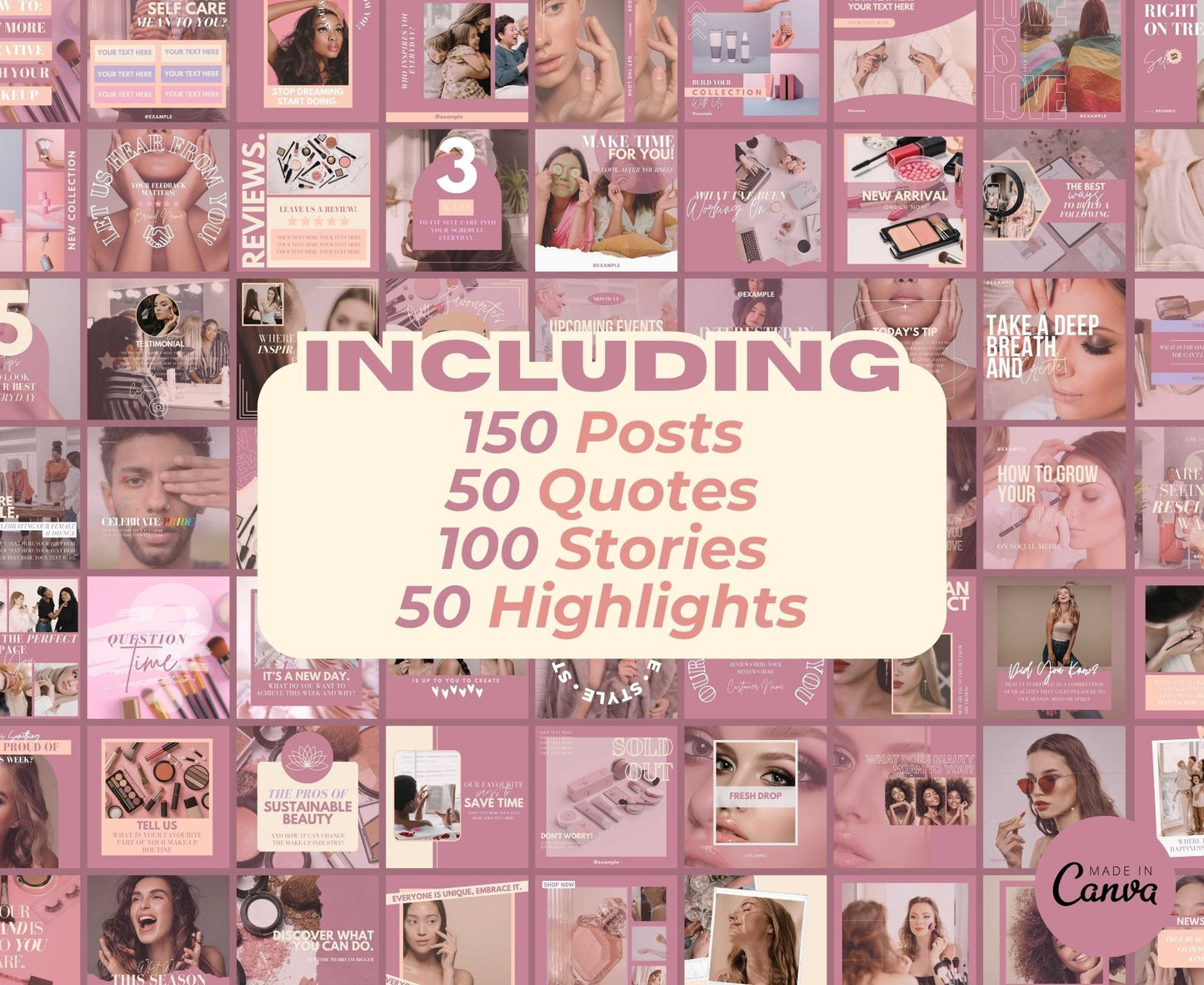 Beauty Instagram Template Posts Editable on Canva | 325 Social Media Graphics | Pink Pastel Templates | Instagram Story and Post Designs