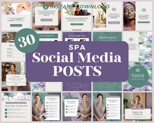 Spa Instagram Posts | 30 Social Media Graphics | Spa Day Insta Post Templates | Instagram Story and Post Designs For Viral IG