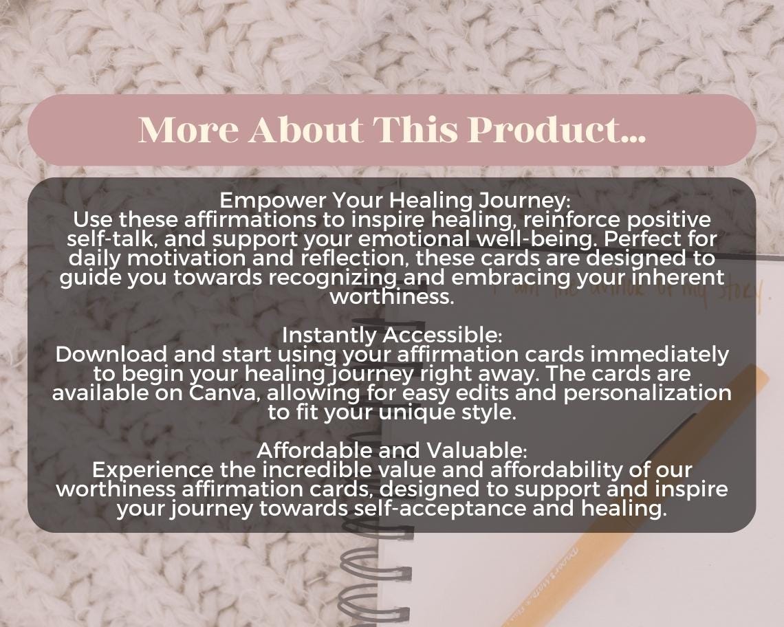 50 Worthiness Wounds Affirmation Cards | Positive Affirmations Cards | Editable Canva Graphic Cards | Minimal & Illustrated Aesthetic