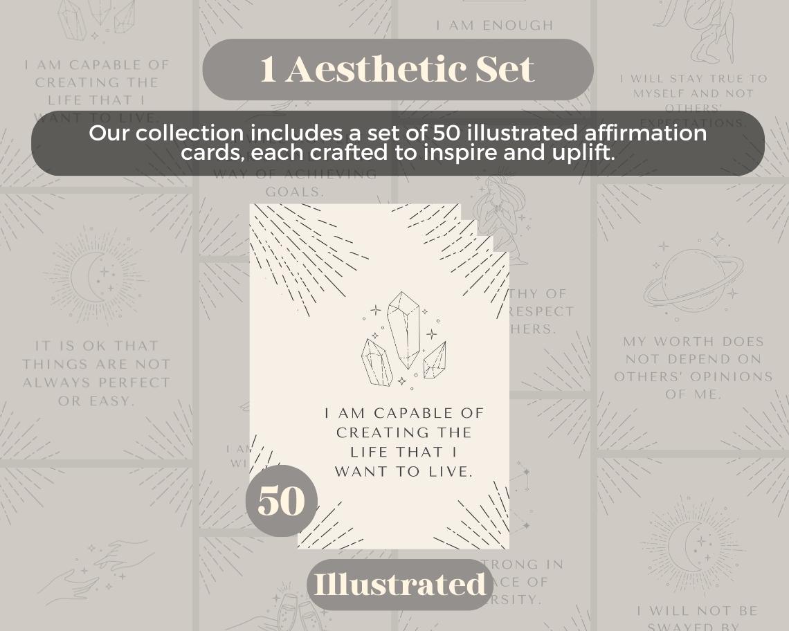 50 Girls Mental Health Affirmation Cards | Positive Affirmations For Women | Editable Canva Graphic Cards | Minimal & Illustrated Aesthetic