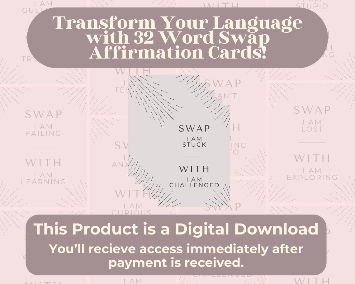 32 Word Swap Affirmation Cards | Positive Affirmations For Empowering Phrases  | Editable Canva Graphic Cards | Illustrated Mantra Aesthetic